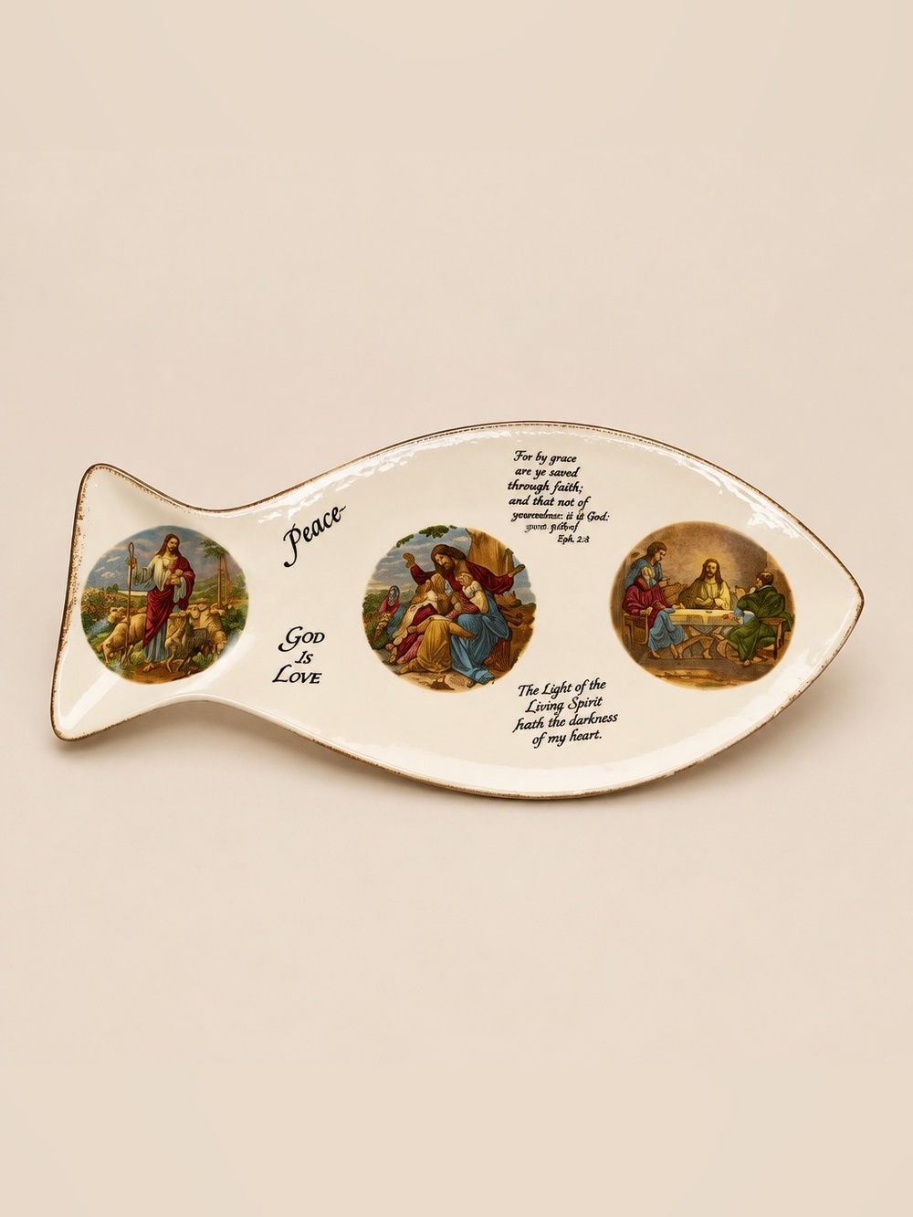 Vintage Religious Fish Shaped Ceramic Scripture Platter